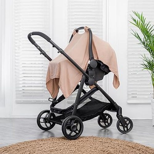 Comfy Cubs Baby Car Seat Cover - Soft, Breathable Bamboo Rayon and Muslin Cotton Blend - Lightweight Canopy for Sun, Bug, and Comfort Protection - Large Size Infant Seat Cover in Blush Design