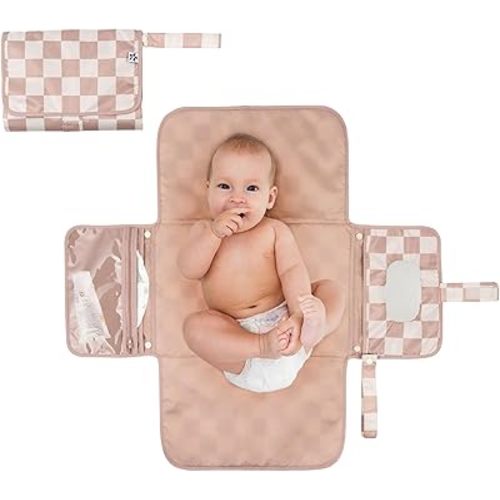 Portable Diaper Changing Pad, Foldable Waterproof Baby Change Pad for Newborn Girl & Boy with Smart Wipes Pocket (Beige Checkers)