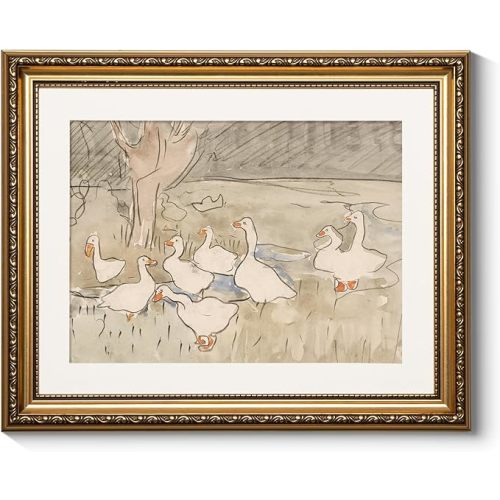 ARPEOTCY Vintage Nursery Wall Art, Farmhouse Cute Duck Paintings, Rustic Gold Framed Canvas Prints Artwork with Antique Frame, Wall Decor for Home, 13x16 inch