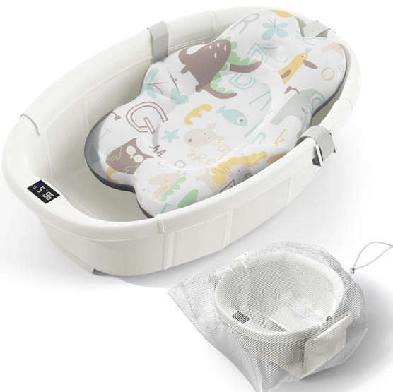 Collapsible Baby Bathtub - Large Baby Bath Tub with Thermometer & Cushion | Travel Portable Newborn Infant Bathtub | Foldable Toddler Bathtub for Baby 0 to 36 Months (White)
