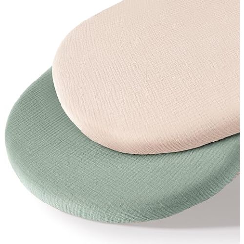 Muslin Bassinet Sheets for Baby Neutral, Soft Breathable Cotton Fitted Sheets for Oval, Rectangle, Hourglass Bassinet Mattress/Pad - 2 Pack (Ivory& Green)