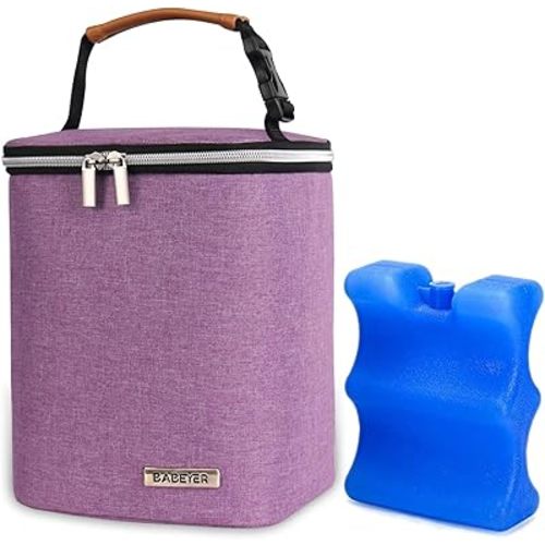 Breast Milk Cooler Bag with Ice Pack Fits 4 Baby Bottles Up to 9 Ounce, Baby Bottle Bag Great for Nursing Mom Daycare, Purple