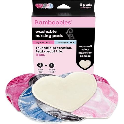 Bamboobies Women’s Nursing Pads, Reusable and Washable, Marble Print, Variety Pack, Leak-Proof for Breastfeeding, 4 Pairs