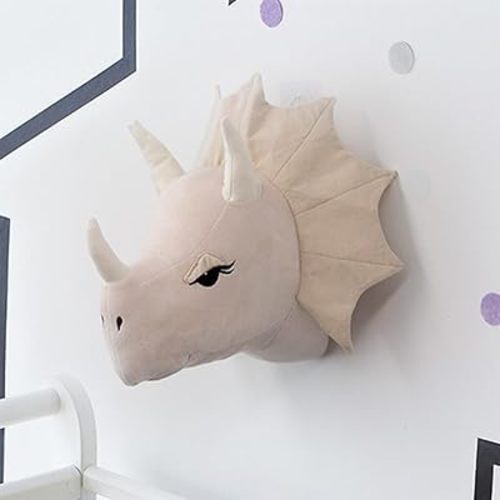 3D Dinosaur Head Wall Hanging Mounted Decor Soft Plush Stuffed Animal Heads Wall Mount for Nursery Room Bedroom Playroom Decoration White