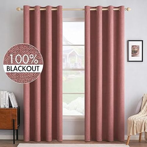 MIULEE 100% Blackout Linen Textured Curtains for Bedroom Solid Thermal Insulated Dusty Rose Grommet Room Darkening Curtains & Drapes Luxury Decor for Living Room Nursery 52 x 84 Inch (2 Panels)