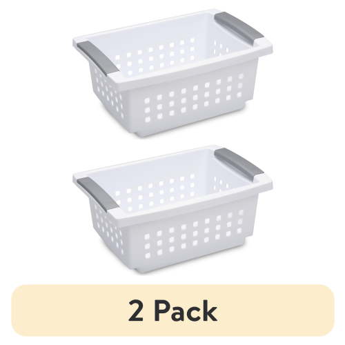 (2 pack) Sterilite Small Stacking Basket, Open Plastic Bin, Space Saving Organizers, White