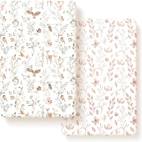 Pack n Play Sheets FItted 2 Pack, Stretchy Ultra Soft Jersey Knit Pack and Play Sheets, Universal Fitted Portable/Mini Crib Mattresses Snug and Safe, Beautiful Blush Pink Floral and Cute Animals Print