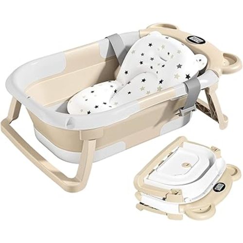 TPN Collapsible Baby Bathtub for Infants to Toddler with Real-time Temp Monitor+Floating Cushion,Foldable Baby Bath Tub Set Applicable 0-36 Month,Perfect Portable Travel Baby Tub for Newborns Boy