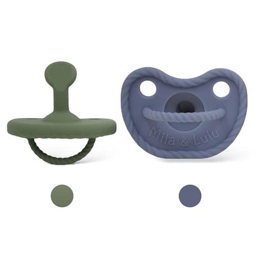 Mila & Lulu Orthodontic Shape Silicone Pacifiers (Set of 2); 0 Months and up; 100% Food Grade Silicone, One Piece Design (Olive/Ocean)