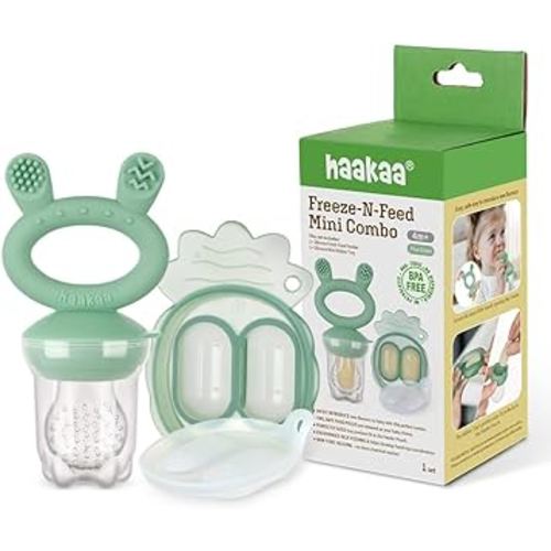 Haakaa Freeze-N-Feed Mini Combo with Silicone Food Feeder & Silicone Mini Nibble Tray|Baby Solid Food Self Feeder|Breastmilk Popsicle Mold Storage & Feeder for Soothing Baby Gums 1 PK