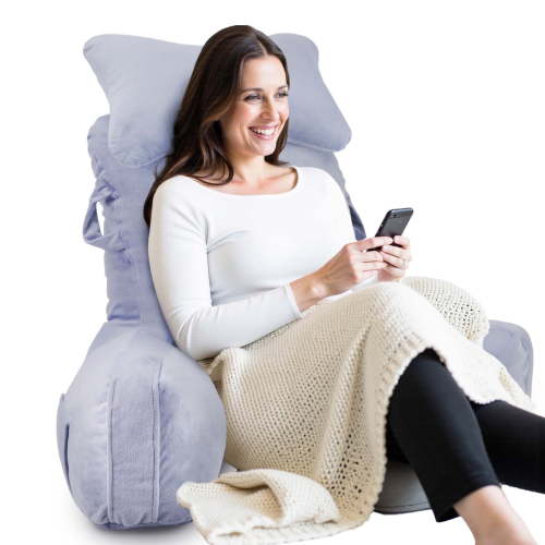 PHOGARY 31inch Reading Pillow for Bed Backrest with Arms - Light Grey - Adult, Ultra-Comfy Microplush Cover & Detachable Neck Roll - Unmatched Support Bed Rest Sit Up Pillow
