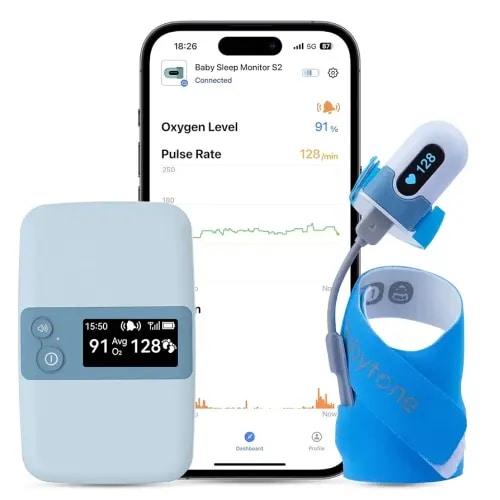 Babytone Baby Sleep Monitor with Base Station, Wearable Smart Sock Foot Monitor with Free App Report, Tracks Heart Rate, Movement and Average Oxygen Level, Fits Newborn 0 to 36 Months Old (BBSM S2)