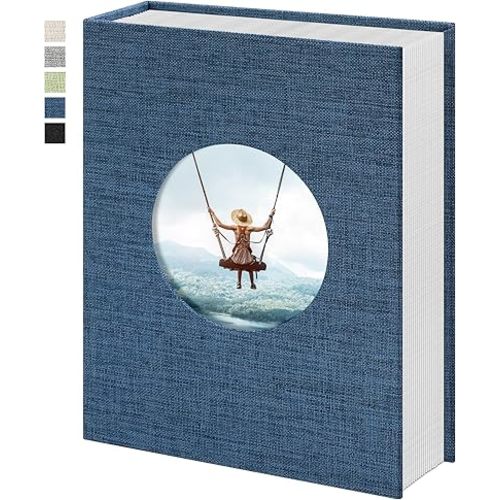 Vienrose Photo Album 4x6 Photos 200 Pockets Linen Cover Slip-in Photo Book with Round Window for Wedding Vacation, Blue