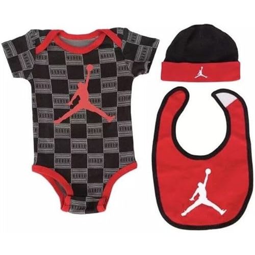 Nike Jordan 3-piece set (onesie, hat, bib), 0-6 months, Patterned Black/Red