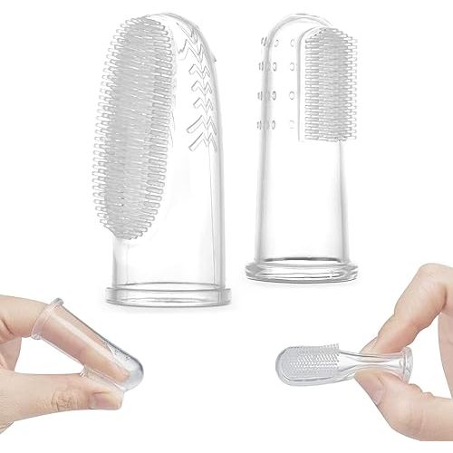 haakaa Silicone Baby Finger Toothbrush Set -360º Bristle for Baby Oral Gum Cleaning| Baby Teething Training| Newborn Oral Massager, BPA Free,2PK - 0m+Babies - Clear