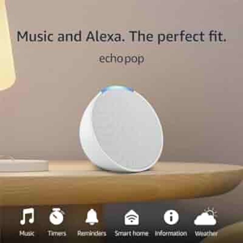 Amazon Echo Pop | Compact smart speaker with Alexa | premium Alexa features available for purchase | Glacier White