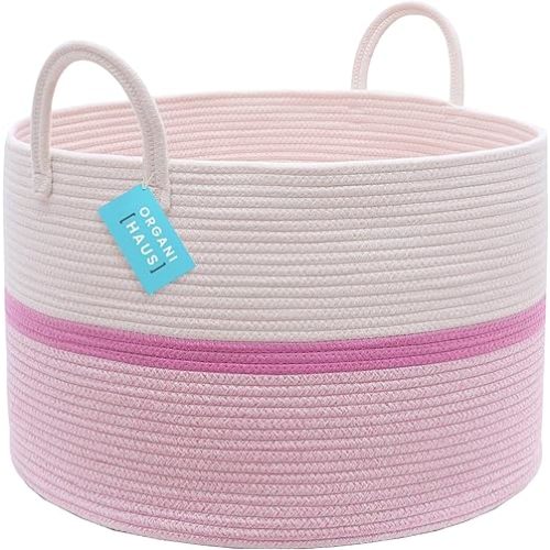 OrganiHaus Extra Large Blanket Basket for Living Room 20x13, Natural Cotton Rope Laundry Basket, Sturdy Hamper for Toy Storage, Cushions & Pillows Storage Bin, Nursery Decor Hamper - White/Pink