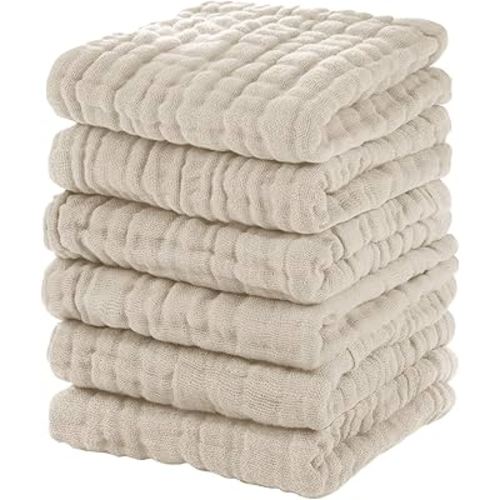 Muslin Baby Washcloths 6 Pack, 100% Cotton Wash Cloths for Babies, Large 12''X12'' Burp Cloths Absorbent and Soft for Newborn Infants Kids Boys Girls - Apricot