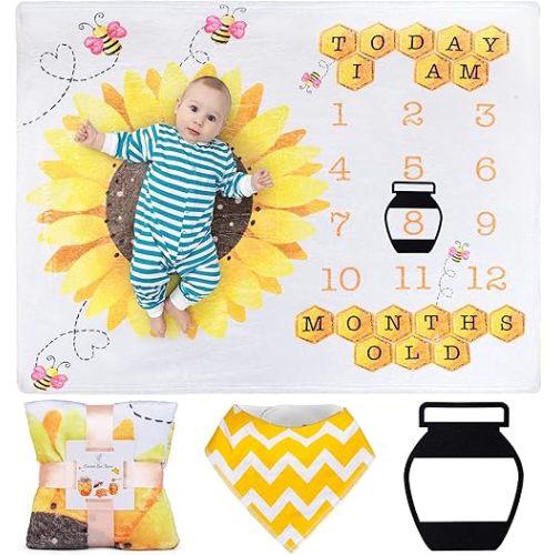 SUKOON Sunflower Baby Milestone Blankets for Baby Girl | 47 x 40 inch | Honey Bumblebee Age Photo Blanket with Marker and Bibs - Perfect Addition to The Baby Photo Album