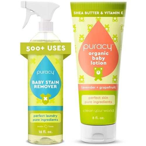 Puracy Stain Remover for Baby Clothes and Cloth Diapers (Unscented, 16 oz) and Organic Baby Lotion, Eczema Moisturizer for Infants and Newborns (Lavender & Grapefruit, 8oz)