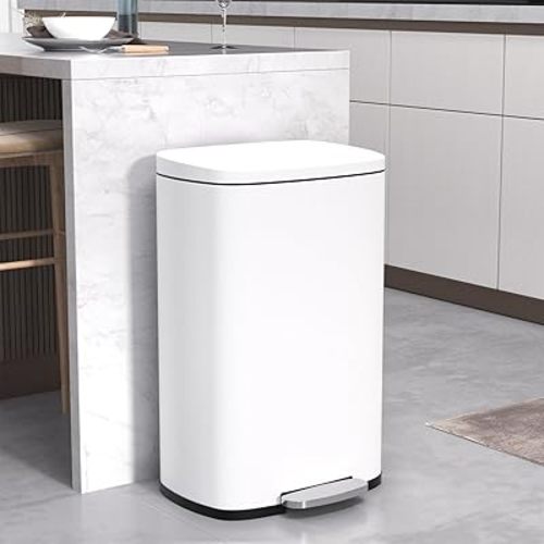 50 Liter Kitchen Trash Can with Lid, Stainless Steel 13 Gallon Trash Can with Foot Pedal and Plastic Inner Bucket, Fingerprint-Resistant Soft Close Lid Garbage Can, Odor Proof and Hygienic, White