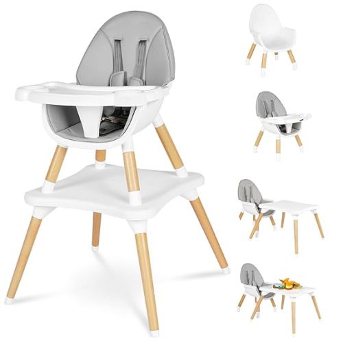 6 in 1 High Chair, Convertible High Chairs for Babies & Toddlers, Wooden Booster Seat, Table and Chair Set with 5-Point Safety Harness, 4-Position Removable Tray & PU Seat Cushion (Grey)