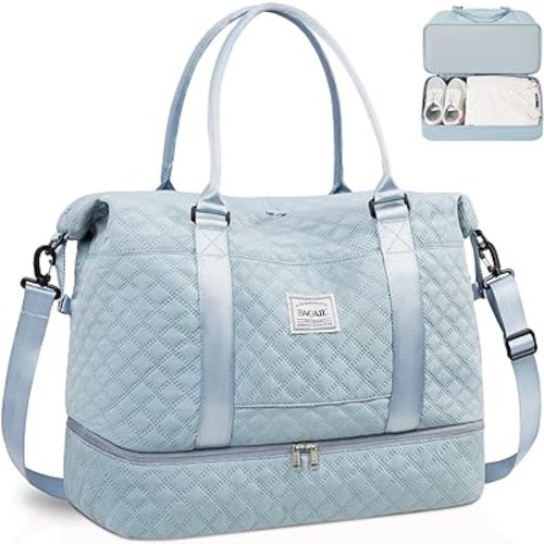 BAGAIL Travel Duffel Bag, Weekender Bags for Women, Overnight Gym Carry On Tote Bag with Wet Pocket, Hospital Mom Bag for Labor and Delivery - Extra Large, Grid-Light Blue