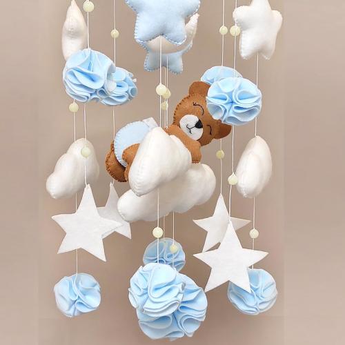 Baby Mobile Blue Teddy Bear, felt stars and bear crib mobile, newborn felt toys, kid's hanging decor, cute crib toy