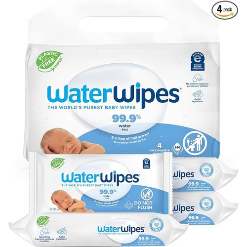 WaterWipes Plastic-Free Original-baby Wipes, 99.9% Water Based Wipes, Unscented & Hypoallergenic for Sensitive Skin, 240 Count (4 packs), Packaging May Vary - 60 Count (Pack of 4)