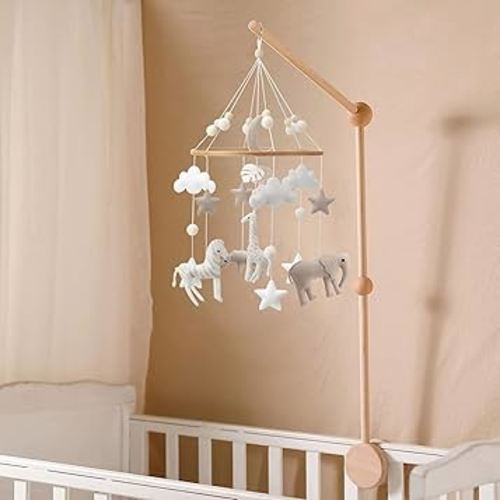 Safari Mobile for Crib - A Neutral Handmade White Jungle Crib Mobile with Safari Animals Clouds and Stars for a Neutral Nursery