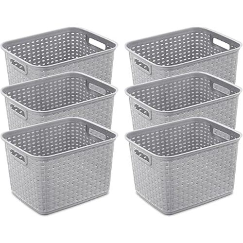 Sterilite 6-Pack Tall Plastic Weave Storage Basket, Laundry Organizing Hamper, Gray
