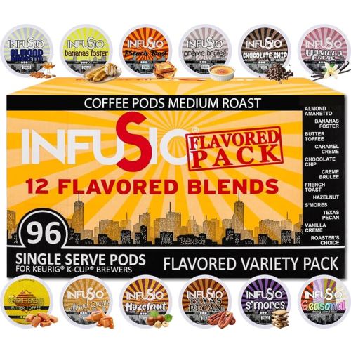 InfuSio Flavored Coffee Pods Variety Pack – 96 Count, 12 Gourmet Medium Roast Dessert-Inspired Blends like Bananas Foster & Crème Brûlée, Compatible with Keurig K-Cup 2.0 Brewers