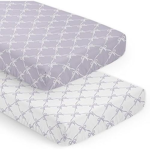 Sweet Jojo Designs 2-Piece Baby Crib Sheets Set (Purple and White Bows) for Girls, Infant Nursery, Toddler Room - Fitted, Standard Size (Lavender Bow for Shabby, Ballet, Princess Ballerina Collection)