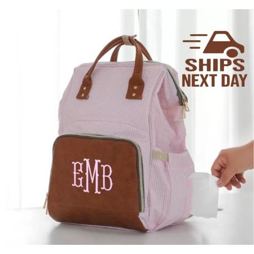 Monogram Seersucker Diaper Bag Backpack | Vegan Leather, Baby Shower Gift - Etsy