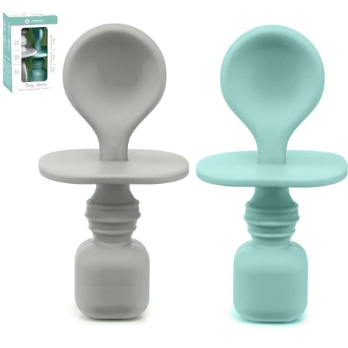 Silicone Baby Spoons for Baby Led Weaning 2-Pack, First Stage Baby Feeding Spoon Set Gum Friendly BPA Lead Phthalate and Plastic Free, Great Gift Set (Light Blue/Cool Gray)