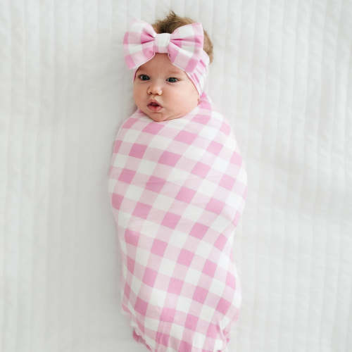 Pink Gingham Swaddle & Luxe Bow Headband Set