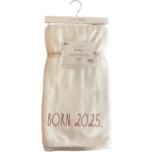 RAE DUNN White With Pink Stitching BORN 2025 Plush Baby Blanket 30” x 40”