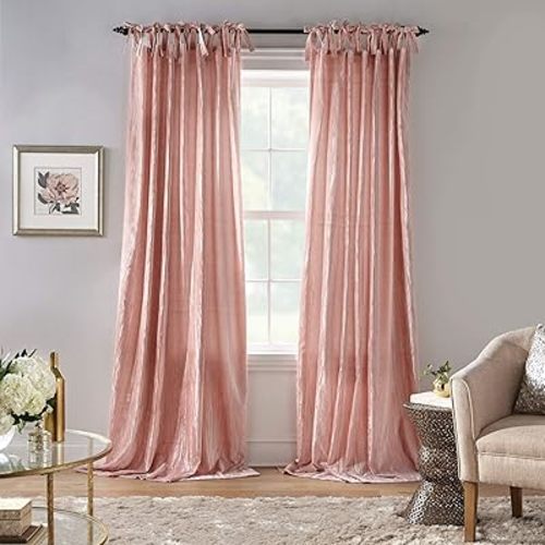 Elrene Home Fashions Korena Tie-Top Crushed Velvet Window Curtain Panel, Rustic-Chic Curtain Panel for Living Room or Bedroom, 52 Inches by 84 Inches, Blush, 1 Panel