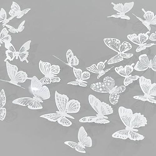 Ewong 3D Butterfly Wall Decor 72Pcs, 10 Styles Black White PVC Butterfly Theme Decoration Birthday Party Cake Wall Decal Removable Home Room Bedroom Bathroom Art Sticker Murals (White)