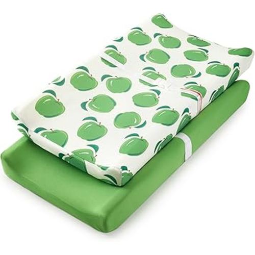 TILLYOU Baby Changing Pad Cover, Changing Table Cover for Girls Boys, Ultra Soft Breathable, 2 Pack Green Apple & Fruit Green