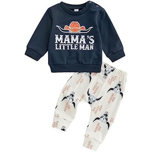SAYOO Western Baby Boy Clothes Cow Print Sweatshirt Pullover Top Jogger Pants 2Pcs Toddler Boy Cowboy Fall Winter Outfits