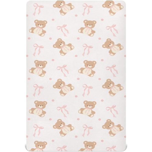 Animal Bear Pink Ribbon Bow Fitted Crib Sheets Stretchy Portable Playard Sheets for Baby Toddler, Breathable Soft Mini Crib Mattress 52 x 28 in for Boys and Girls