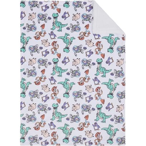 NoJo Disney Toy Story Play All Day Sherpa Baby Blanket - Woody, Buzz, Rex, Wheezy, and Hamm, Teal, Blue, and White (an Official Disney Licensed Product)