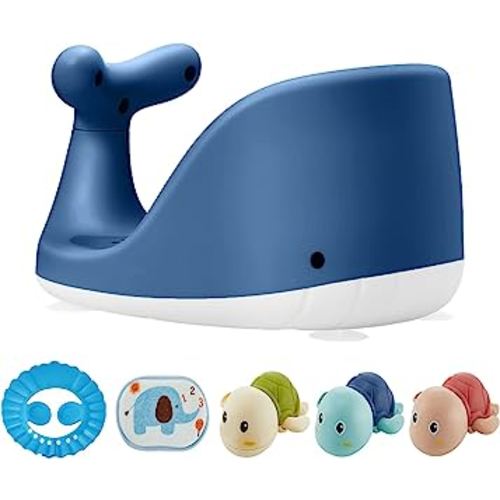 Whale Shape Baby Bath Seat – 3 Bath Toys + Bath Brush + Shower Cap – Ergonomic Backrest – Elastic and Breathable – 4 Strong Non-Slip Suction Cups – Ideal Gift! (Blue)