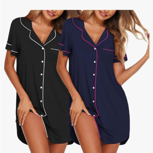 Ekouaer Nightgowns for Women 2 Pack Button Down Sleepwear Short Sleeve Sleepshirts Soft Nightshirts Boyfriend Pajama Dress