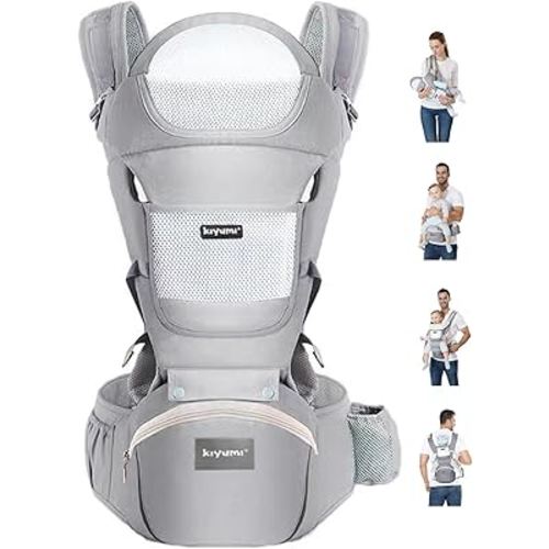 KIYUMI Baby Carrier with Hip Seat, 6- in-1 Baby Carrier Newborn to Toddler, Ergonomic M Position, Head Support and Breathable Mesh,Adjustable Removable Baby Sling Carrier (7-45 lbs), Grey