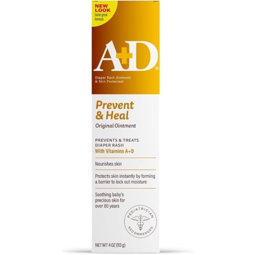 A+D Original Diaper Rash Ointment Prevents & Treats Diaper Rash, Moisturizing Skin Protectant with Vitamins A & D, Healing Skin Ointment for Dry and Cracked Skin 4oz