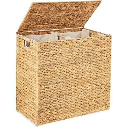 Best Choice Products Large Double Laundry Hamper with Lid, Natural Handwoven Water Hyacinth, 2 Sections w/ 2 Machine Washable Linen Liner Bags, Portable, Handles - Natural
