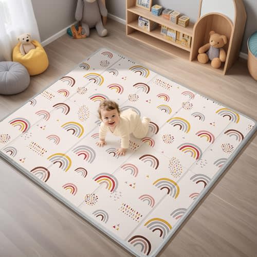 Foldable Baby Play Mat, PIGLOG 50x50 Playpen Mat, Safe Foam Playmat for Tummy Time, Waterproof Playmats for Babies and Toddlers Kids, Reversible Portable Baby Floor Mat for Infant, Rainbow Rain