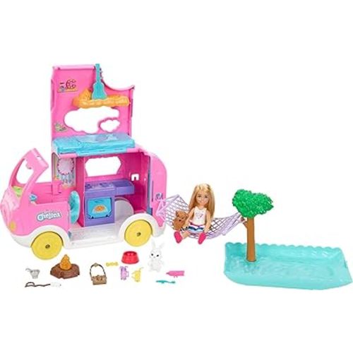 Barbie Camper, Chelsea 2-in-1 Playset with Small Doll, 2 Pets & 15 Accessories, Vehicle Transforms into Camp Site (Amazon Exclusive)